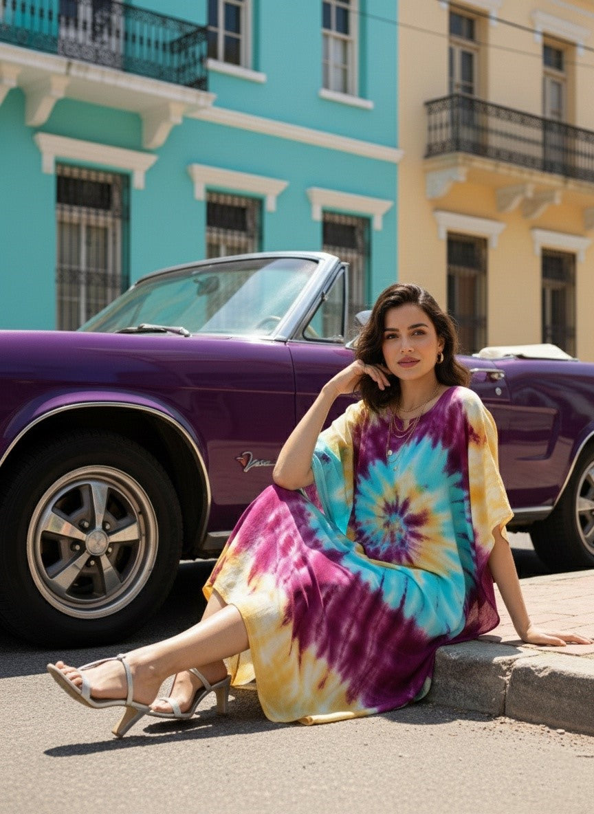 Women Rayon Tie & Dye Spiral Pink Yellow Kaftan Dress (W1347)