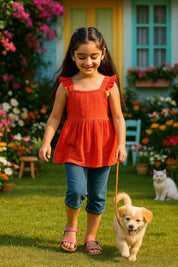 Cotton Frill Shoulder Plain Top for Girls (K1007)