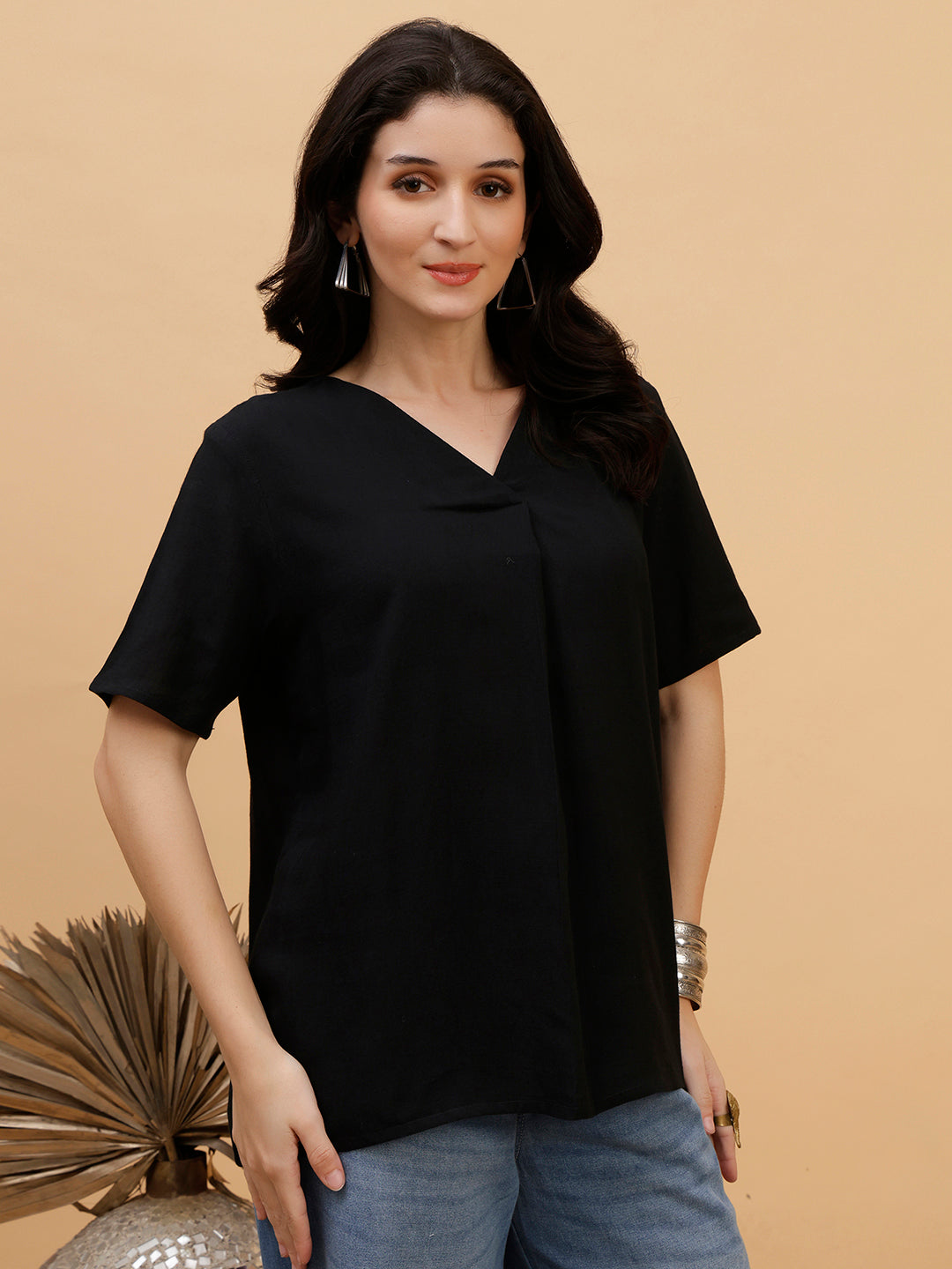 Women Black Solid Rayon Casual Top (W1787)
