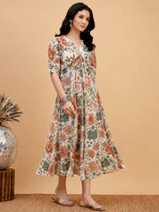 Women White Floral Printed Camric A-Line Dress (W1814)