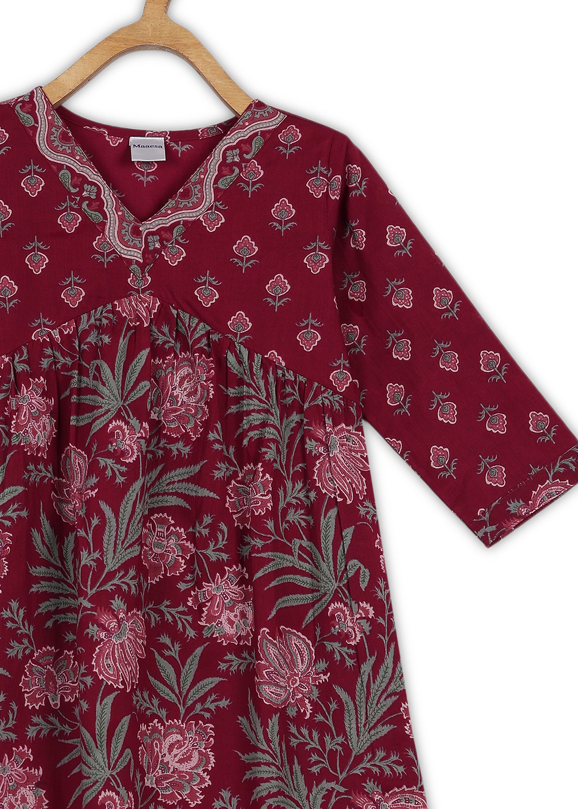 Girls Maroon Printed Cotton A-line Kurta And Pant Set (K1091)