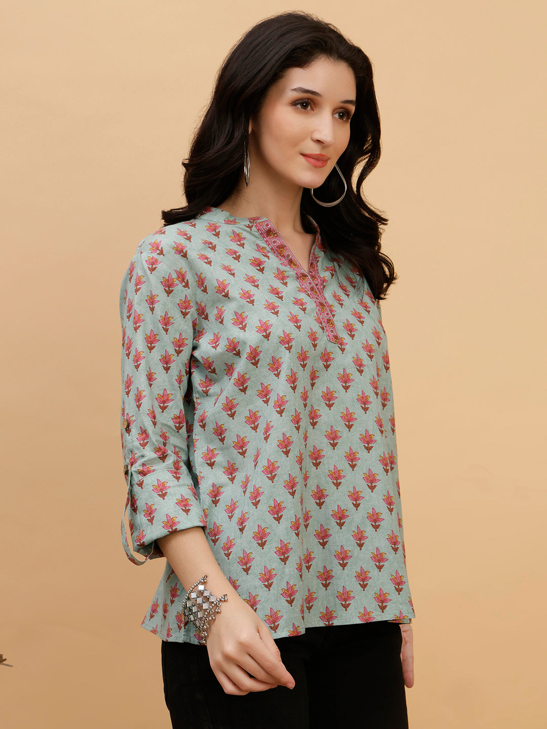 Women Green Printed Camric Casual Top (W1808)