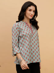 Women Green Printed Camric Casual Top (W1808)