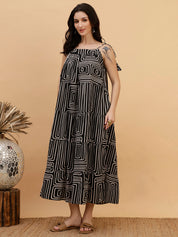 Women Casual Camric Printed Black A-Line Dress (W1816)