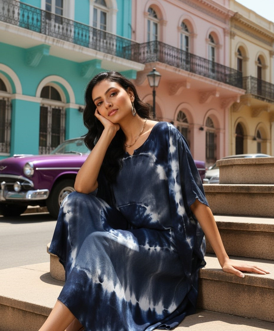Rayon Hand Dyed Tie Dye Dark Blue Kaftan Dress (W1187)