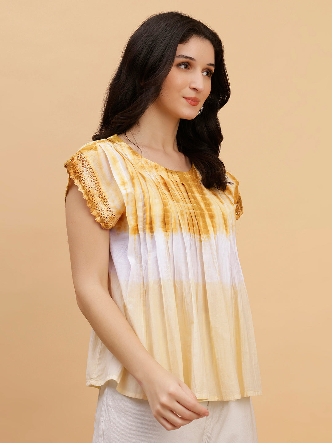 Women Brown-White Tie & Dye Camric Casual Top (W1804)