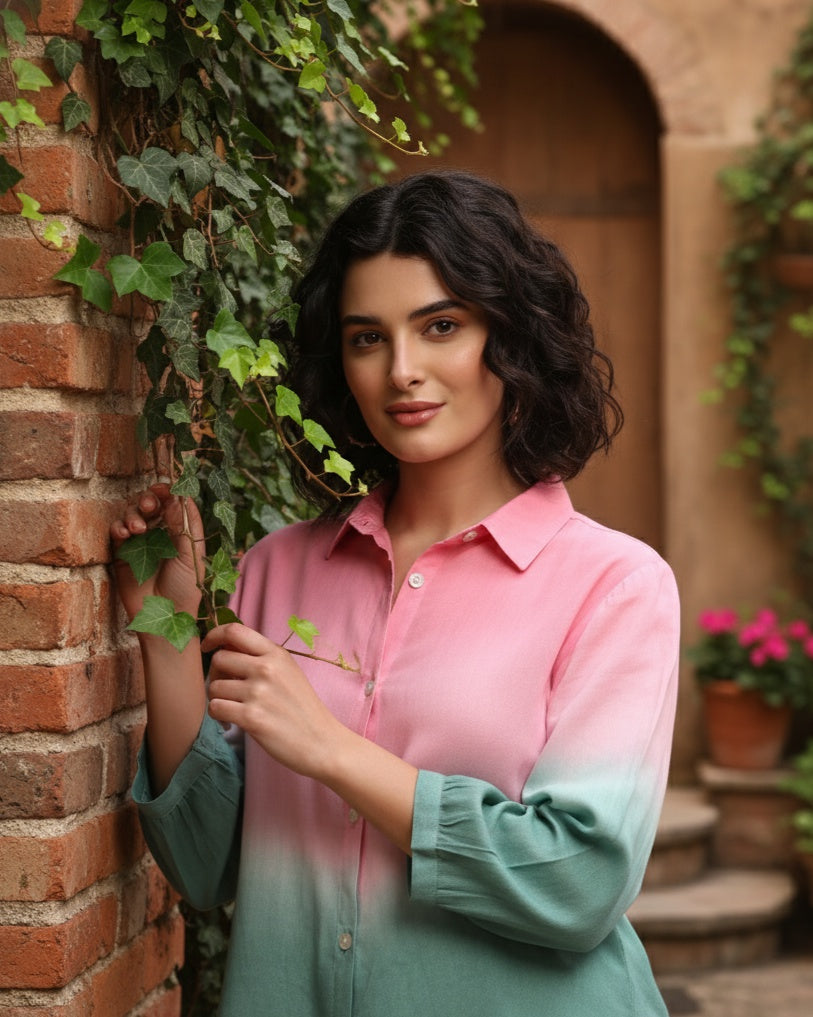 Women Handmade Tie-Dye Rayon Pink Green Shirt (W1627)