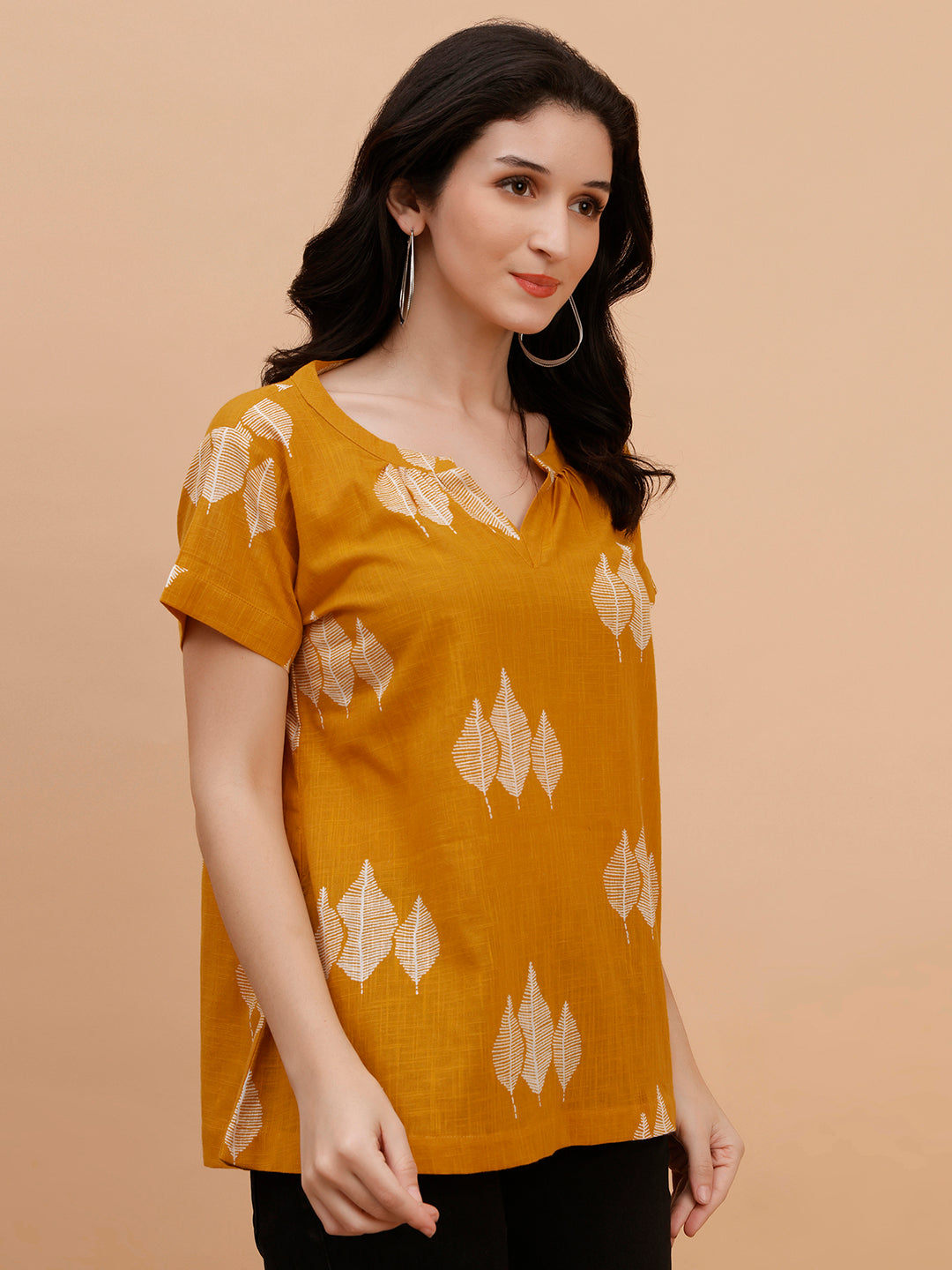 Women Cotton Printed Mustard Casual Top (W1794)