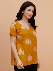 Women Cotton Printed Mustard Casual Top (W1794)