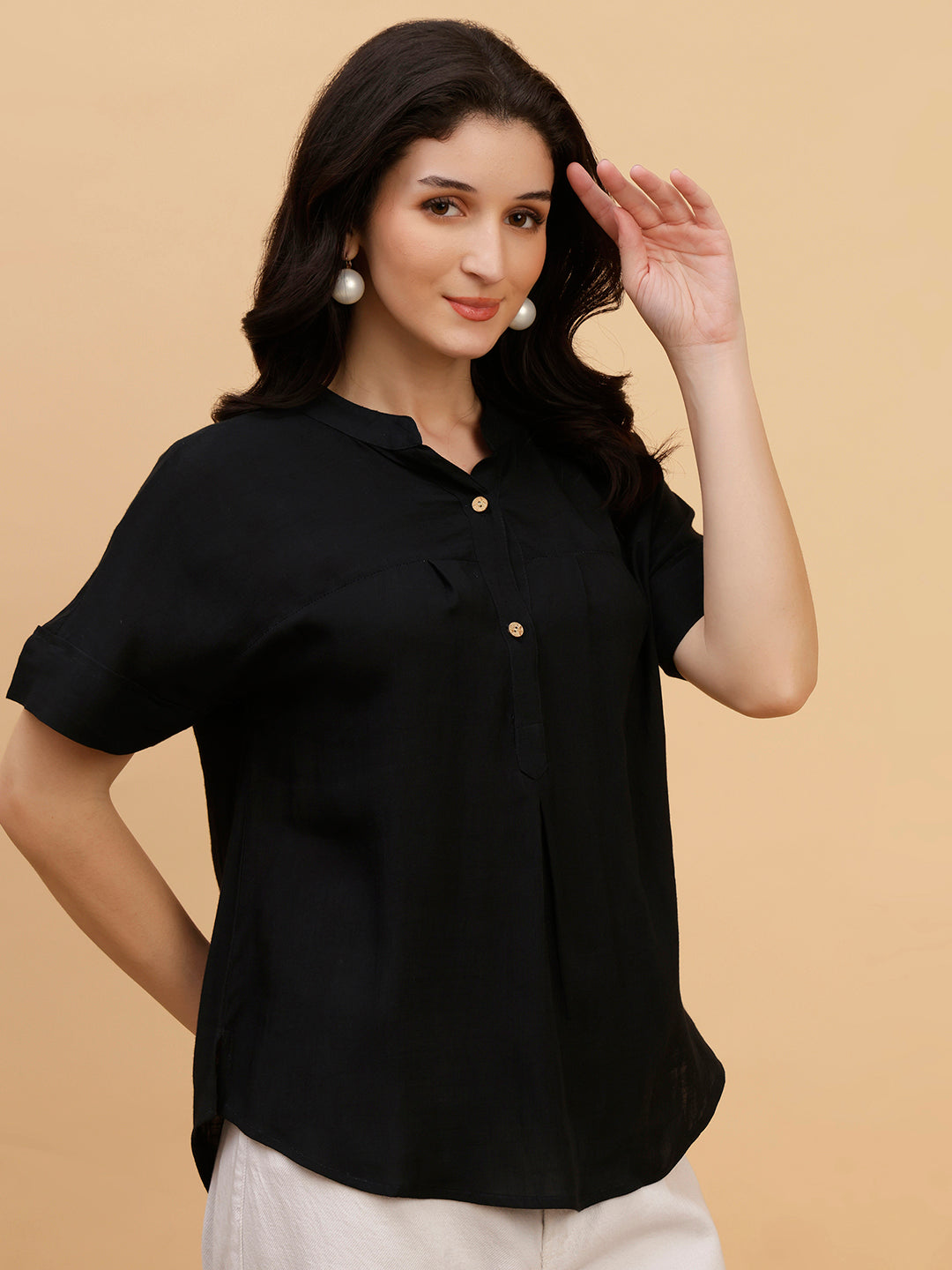 Women Black Solid Rayon Casual Top (W1790)