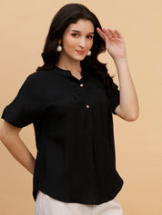 Women Black Solid Rayon Casual Top (W1790)