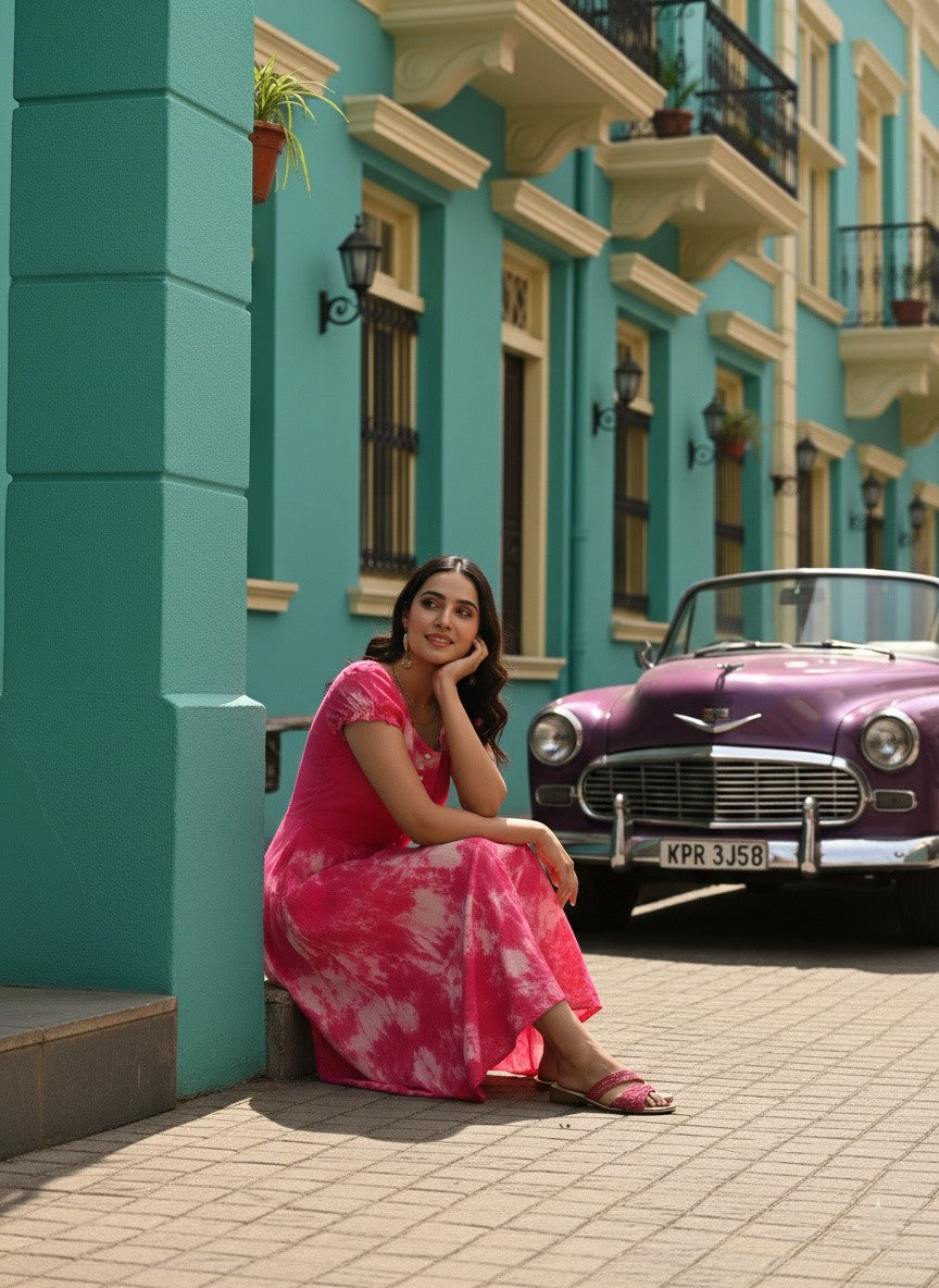 Rayon Fuchsia Tie Dye Flared Dress (W1281)