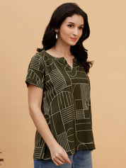 Women Green Cotton Printed Casual Top (W1793)