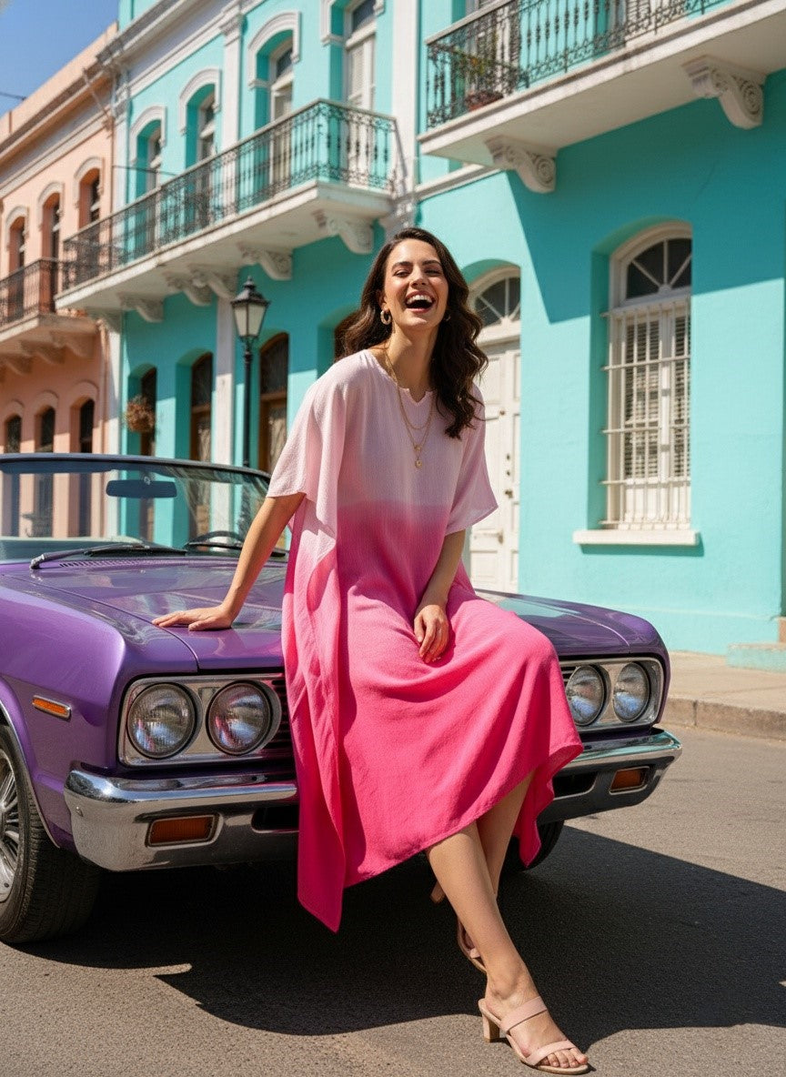 Rayon Hand Dyed Tie Dye Ombre Pink Kaftan (W1158)