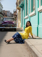 Rayon Tie Dye A-Line Navy Blue Midi Dress With Tie-Up Belt (W1242)
