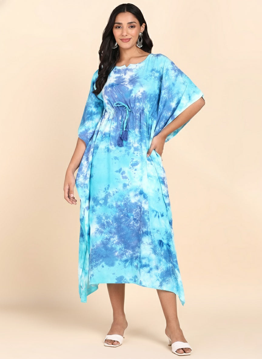 Rayon Hand Dyed Tie Dye Green Kaftan Dress (W1191)