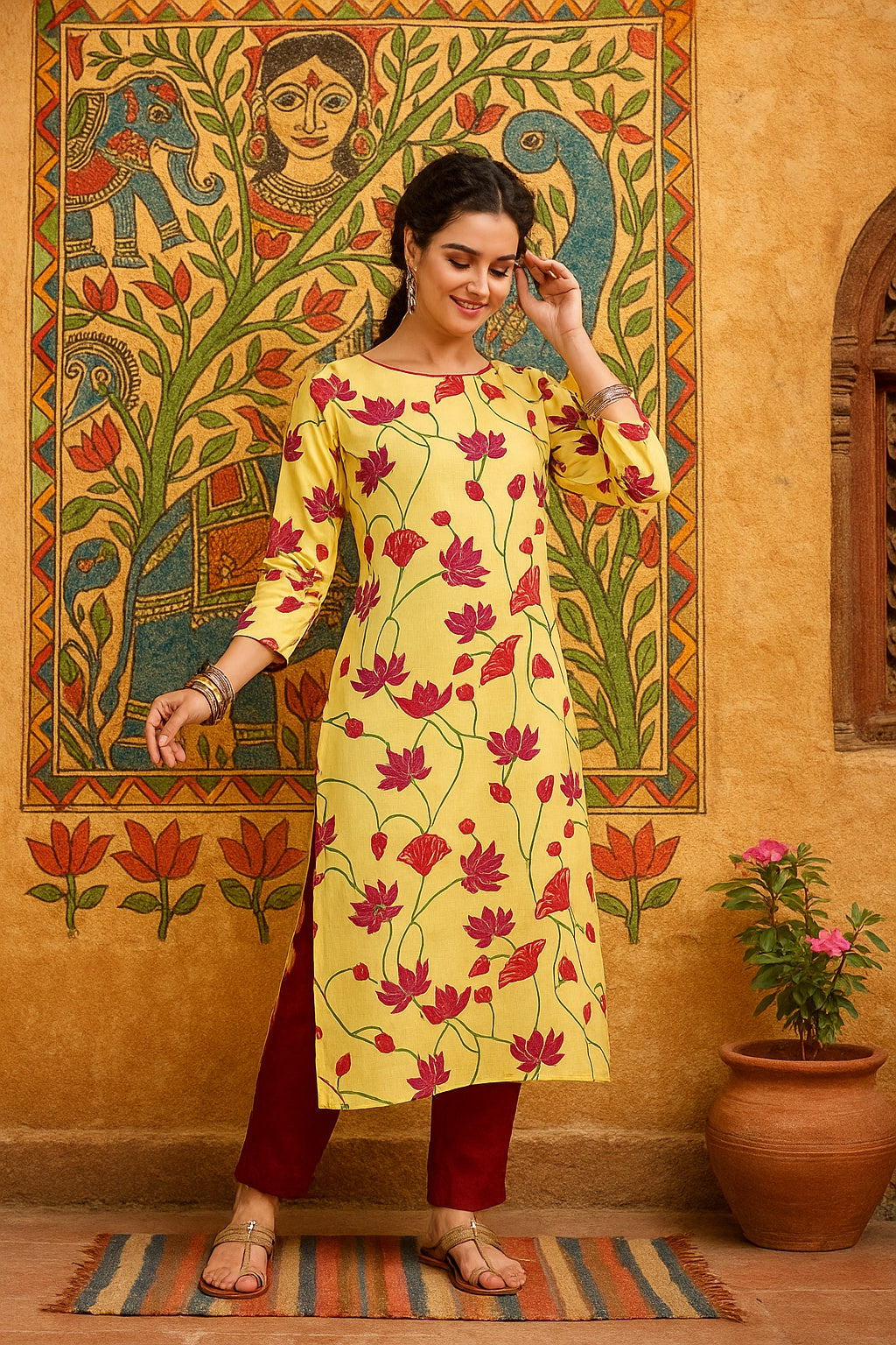 Women Handmade Floral Pure Cotton Straight Yellow Kurta (W1584)