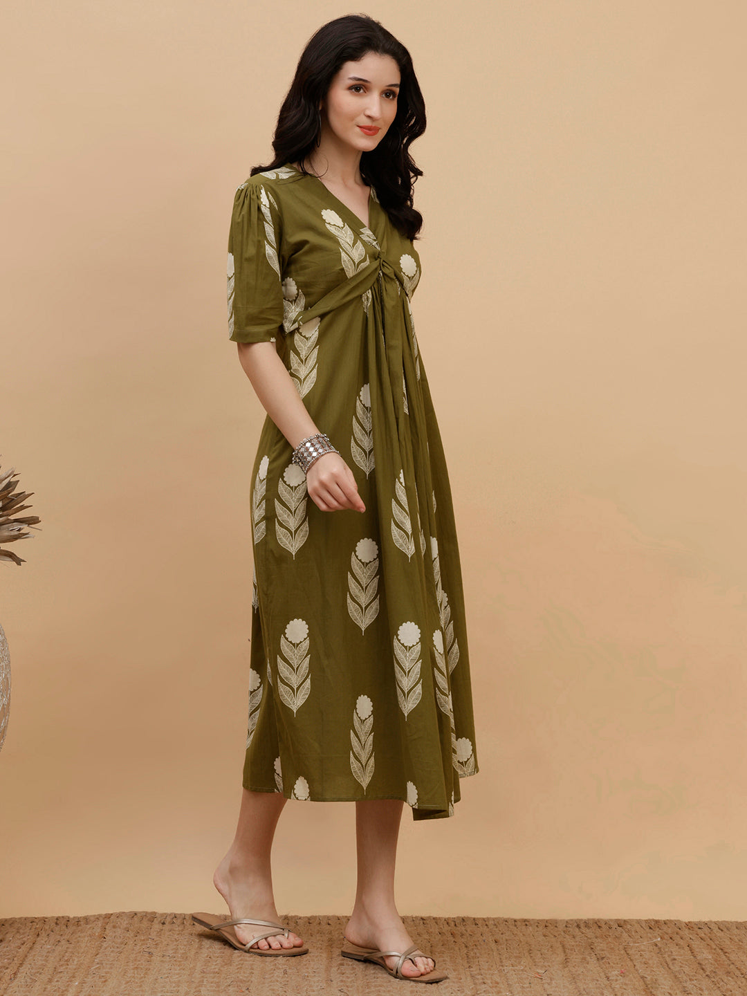 Women Olive Green Printed Camric A-Line Dress (W1813)