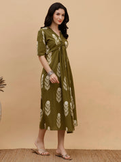 Women Olive Green Printed Camric A-Line Dress (W1813)