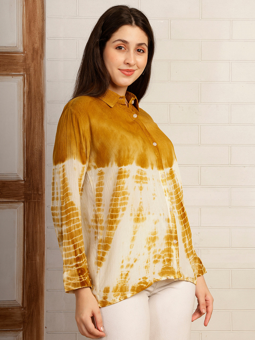 Women Hand Tie & Dye Mustard Rayon Casual Shirt (W1792)