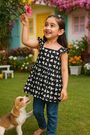 Cotton Printed Frill Shoulder Top for Girls (K1005)
