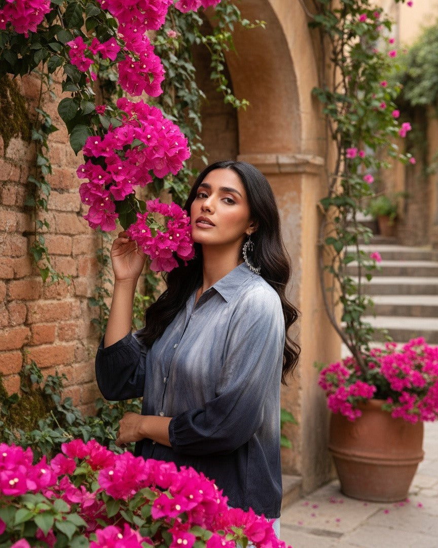 Rayon Hand Dyed Tie Dye Black Loose Fit Shirt (W1197)