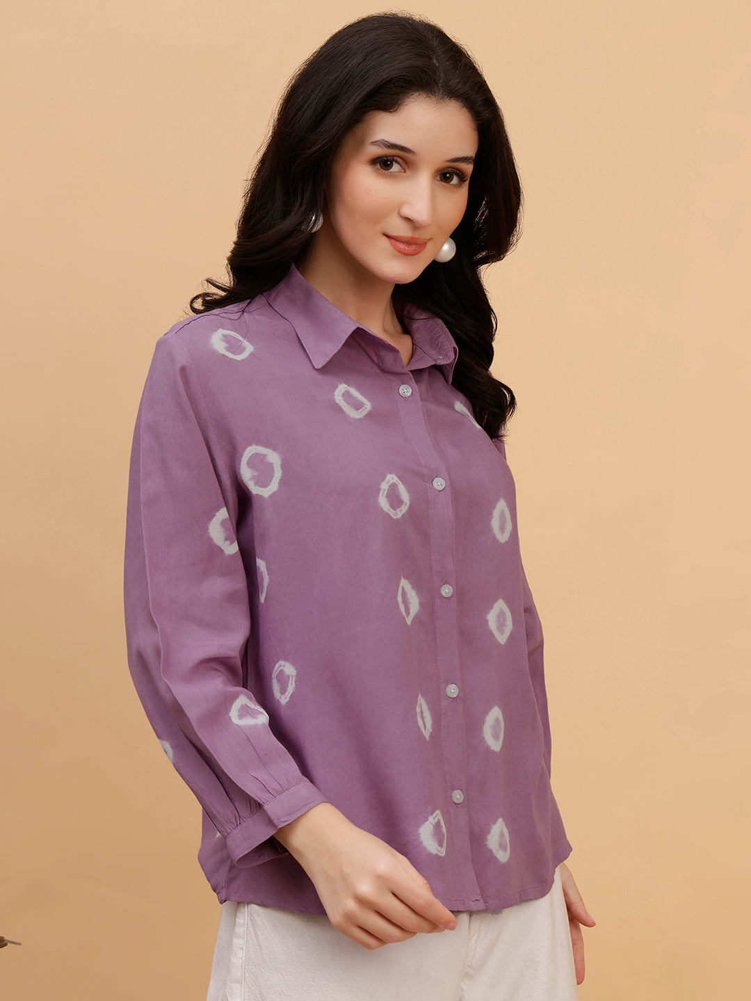 Women Hand Tie & Dye Purple Rayon Casual Shirt (W1796)