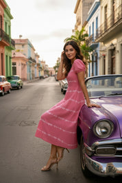 Women Handmade Floral Rayon Flared Pink Dress (W1610)