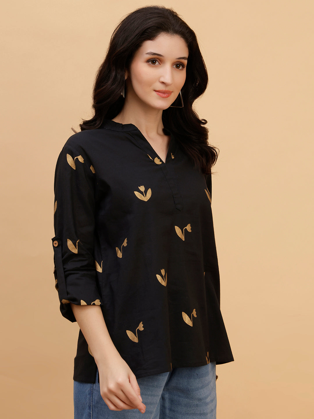 Women Black Printed Camric Casual Top (W1809)
