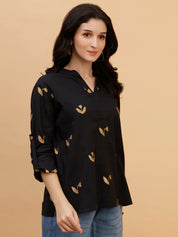 Women Black Printed Camric Casual Top (W1809)