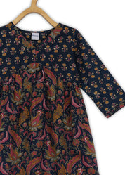 Girls Blue Printed Cotton A-line Kurta And Pant Set (K1090)