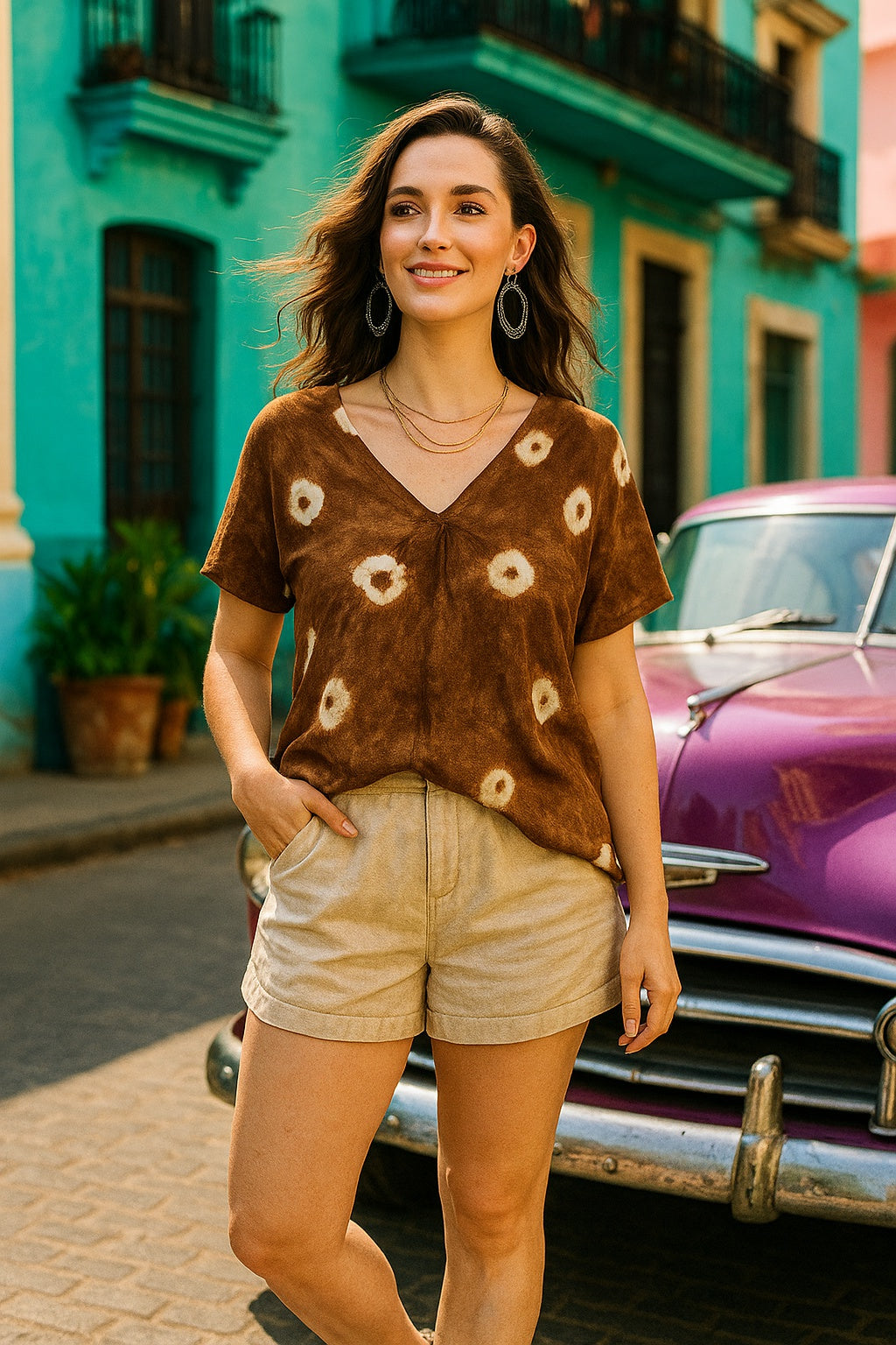 Half Sleeves Tie Dyed Front Pleated Rayon Top (W1473)