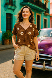 Half Sleeves Tie Dyed Front Pleated Rayon Top (W1473)