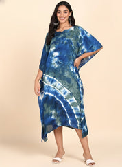Women Rayon Crepe Tie & Dye Blue Kaftan Dress (W1209)