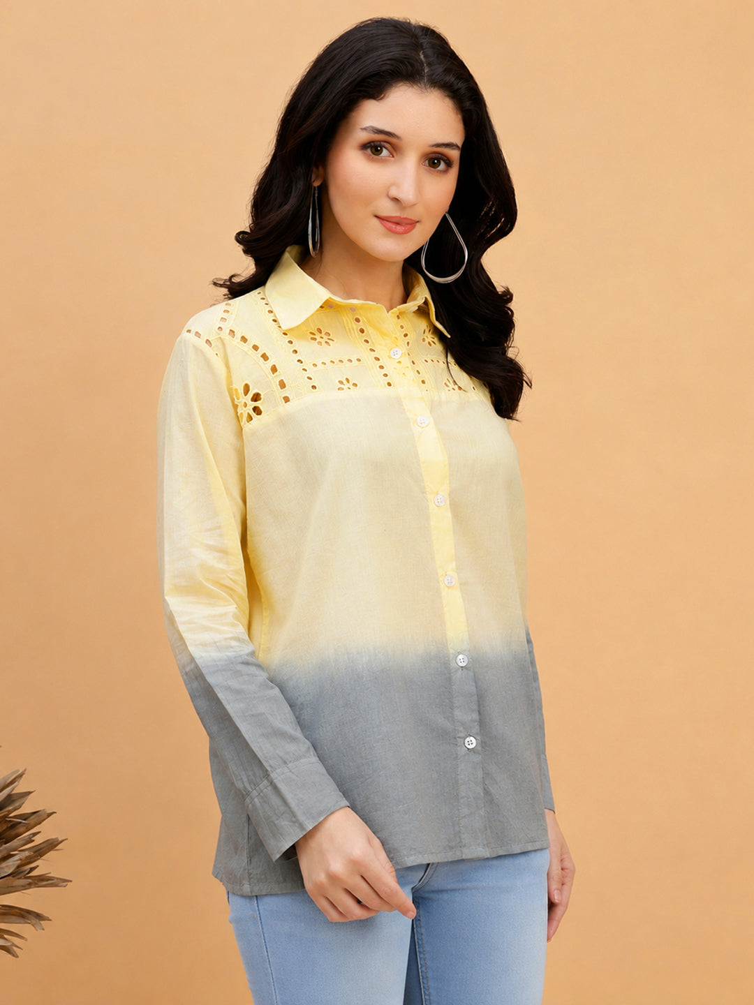 Women Yellow Embellished Tie & Dye Camric Casual Shirt (W1821)
