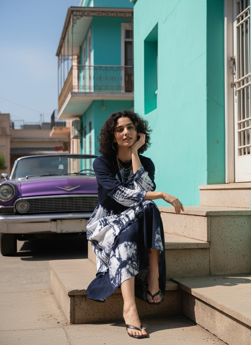 Women Handmade Floral Cotton Blend Flared Dark Blue Dress (W1606)