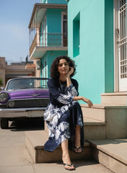 Women Handmade Floral Cotton Blend Flared Dark Blue Dress (W1606)