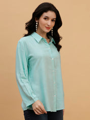 Women Blue Solid Rayon Casual Regular Fit Shirt (W1783)