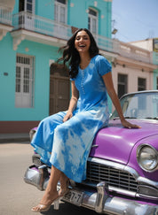 Rayon Tie and Dye Sky Blue A-Line Midi Dress (W1282)