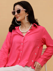 Women Camric Pink Solid Casual Regular Fit Shirt (W1820)