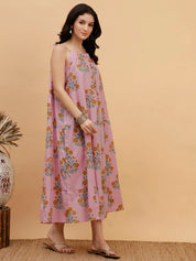 Women Pink Floral Printed Camric A-Line Dress (W1815)