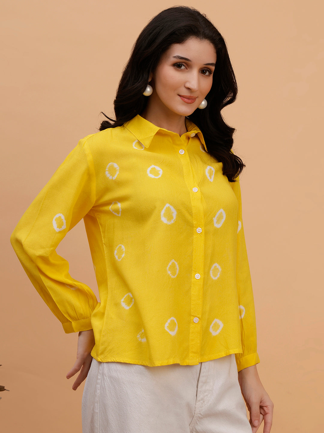 Women Hand Tie & Dye Yellow Rayon Casual Shirt (W1797)