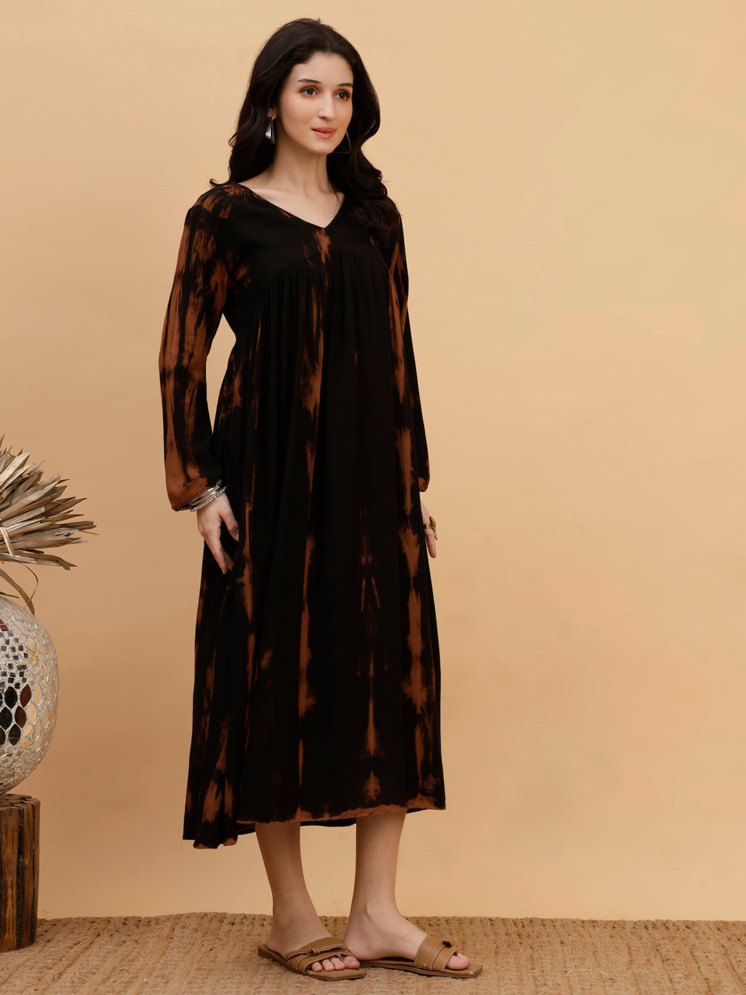 Women Hand Tie & Dye Black Rayon A-Line Dress (W1802)