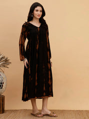 Women Hand Tie & Dye Black Rayon A-Line Dress (W1802)