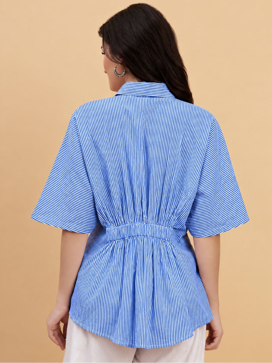 Women Pleated Blue Striped Camric Casual Shirt (W1811)