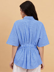 Women Pleated Blue Striped Camric Casual Shirt (W1811)