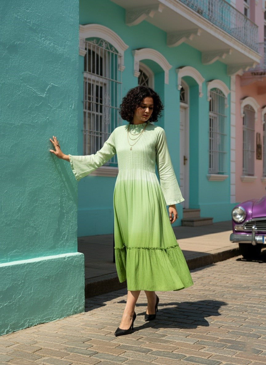 Women Handmade Self Design Cotton Blend Flared Light Green Dress (W1607)