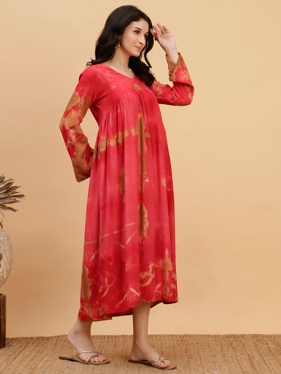 Women Hand Tie & Dye Red Rayon A-Line Dress (W1803)