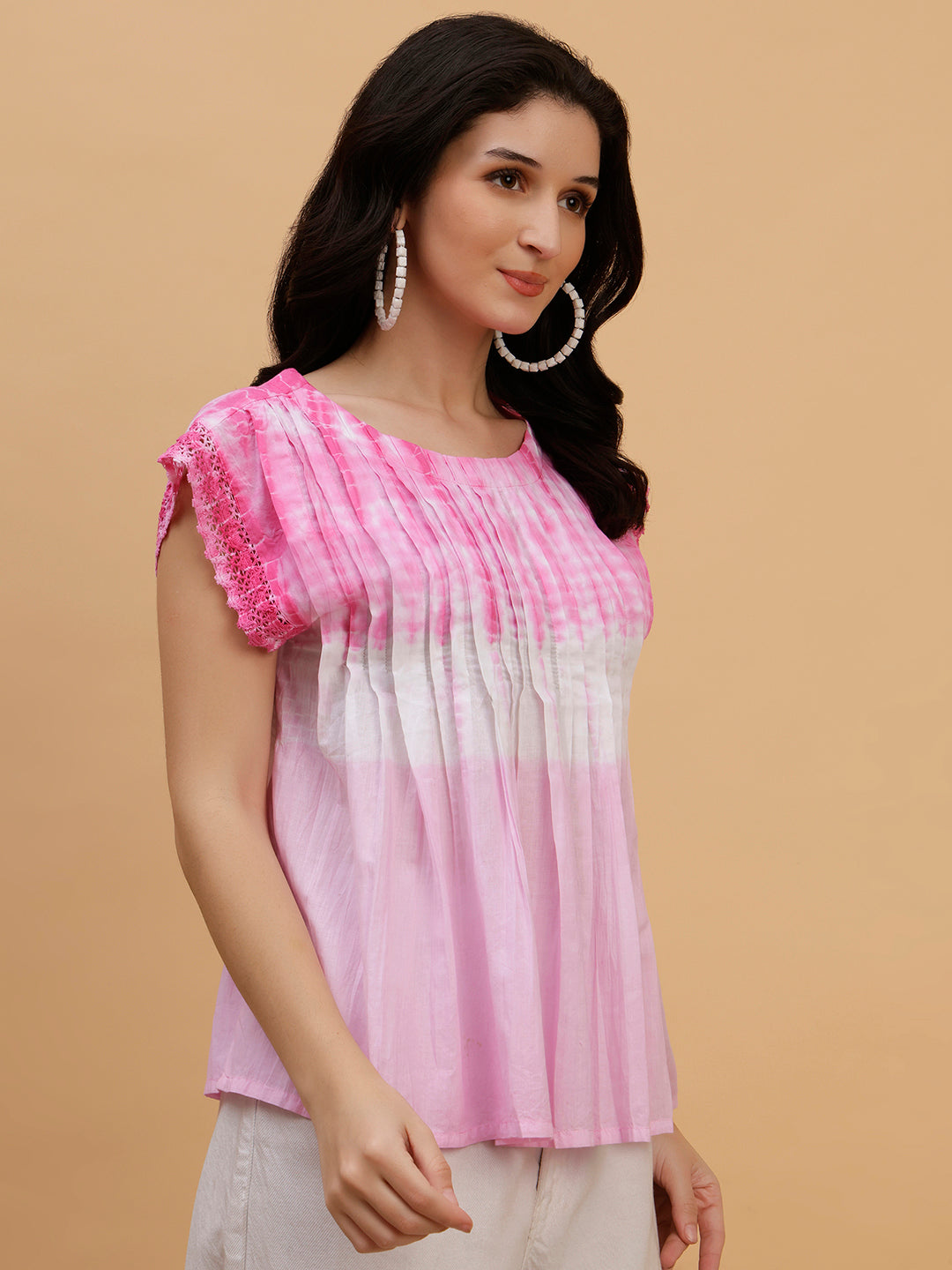 Women Pink-White Tie & Dye Camric Casual Top (W1805)