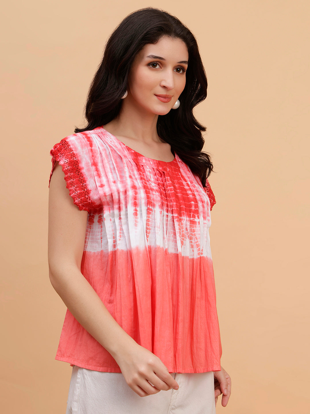 Women Red Tie & Dye Camric Casual Top (W1807)